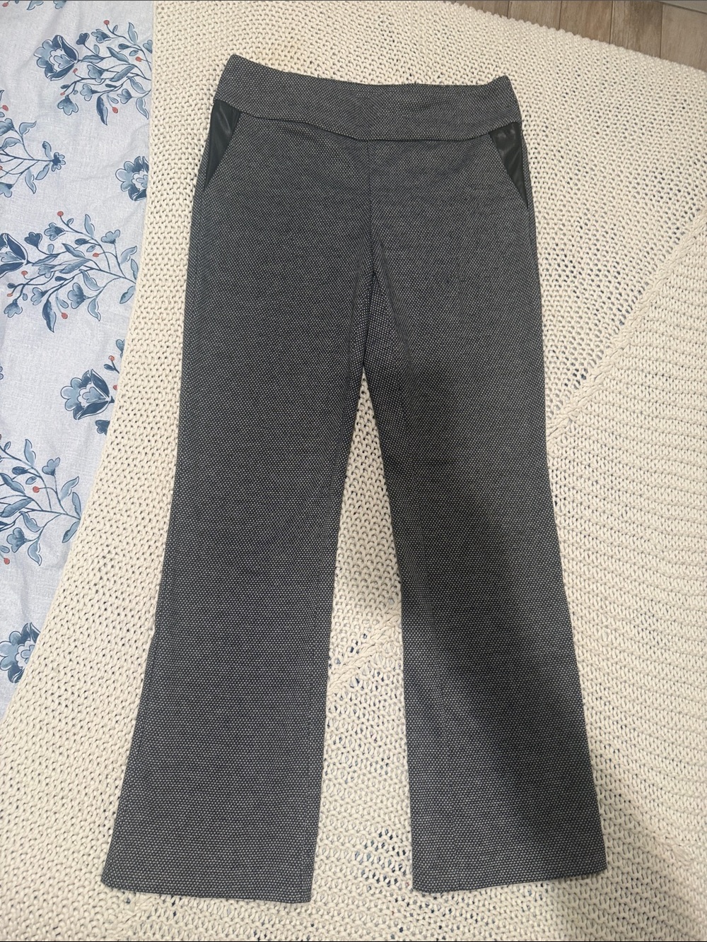 cooper & ella Gray Ponte Knit Flare Pants with Faux Leather Trim